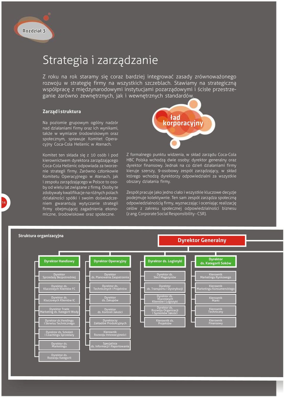 14 Zarząd i struktura Na poziomie grupowym ogólny nadzór nad działaniami firmy oraz ich wynikami, także w wymiarze środowiskowym oraz społecznym, sprawuje Komitet Operacyjny Coca-Cola Hellenic w