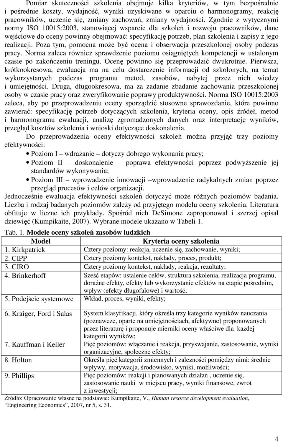 Zgodnie z wytycznymi normy ISO 10015:2003, stanowiącej wsparcie dla szkoleń i rozwoju pracowników, dane wejściowe do oceny powinny obejmować: specyfikację potrzeb, plan szkolenia i zapisy z jego