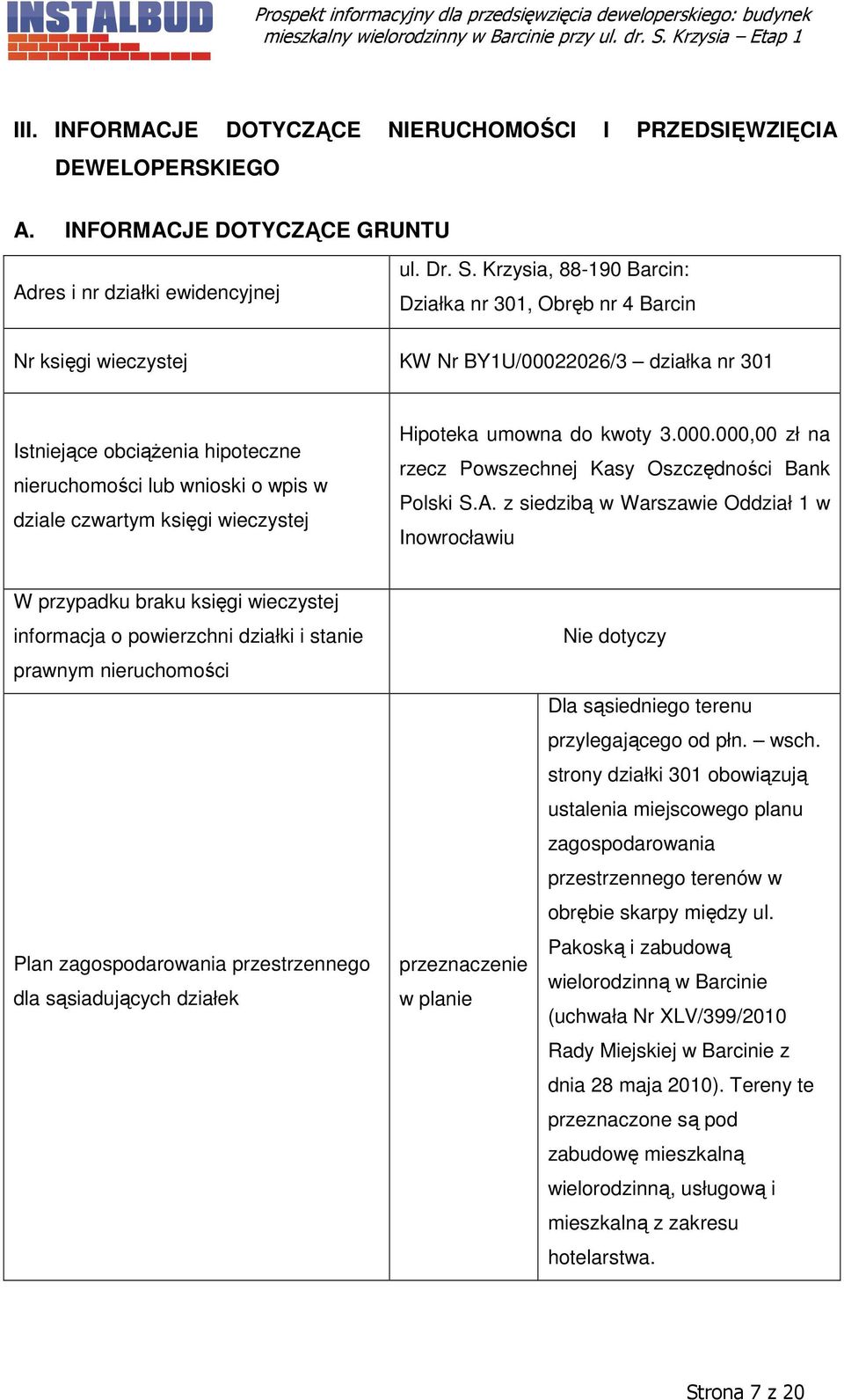 księgi wieczystej Hipoteka umowna do kwoty 3.000.000,00 zł na rzecz Powszechnej Kasy Oszczędności Bank Polski S.A.