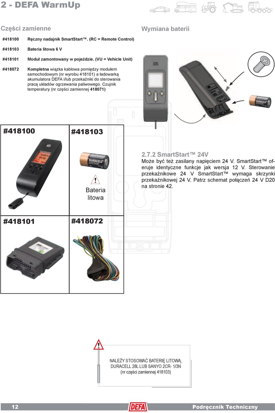 Czujnik temperatury (nr części zamiennej 418071) #418100 #418103 Bateria litowa 2.7.2 SmartStart 24V Może być też zasilany napięciem 24 V. SmartStart oferuje identyczne funkcje jak wersja 12 V.