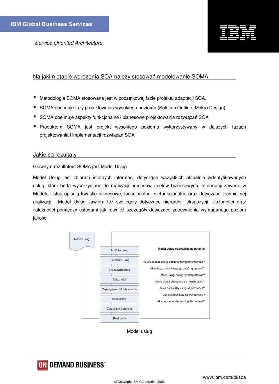 poziomu wykorzystywany w dalszych fazach projektowania i implementacji rozwiązań SOA Jakie są rezultaty Głównym rezultatem SOMA jest Model Usług Model Usług jest zbiorem istotnych informacji