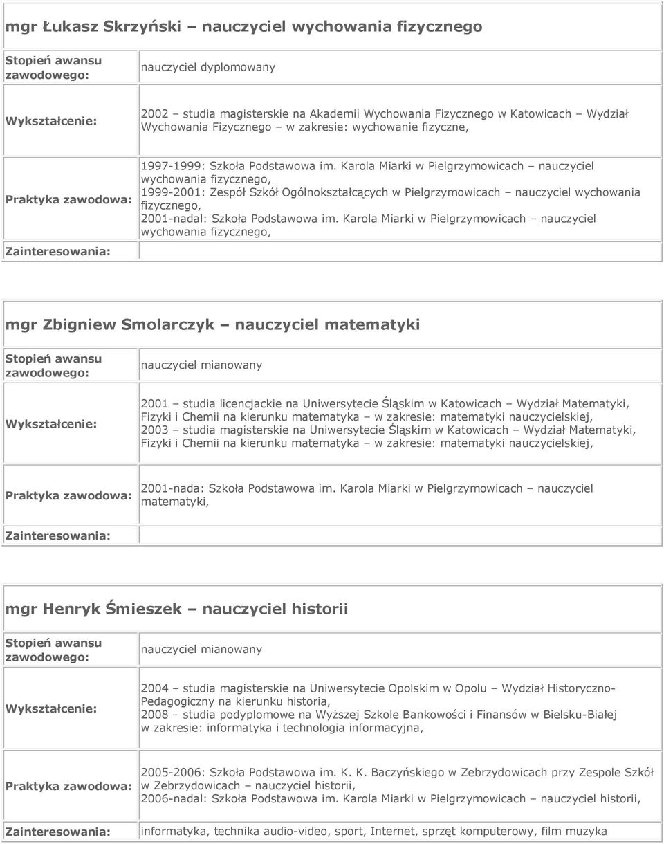 Karola Miarki w Pielgrzymowicach nauczyciel wychowania fizycznego, 1999-2001: Zespół Szkół Ogólnokształcących w Pielgrzymowicach nauczyciel wychowania fizycznego, 2001-nadal:  Karola Miarki w