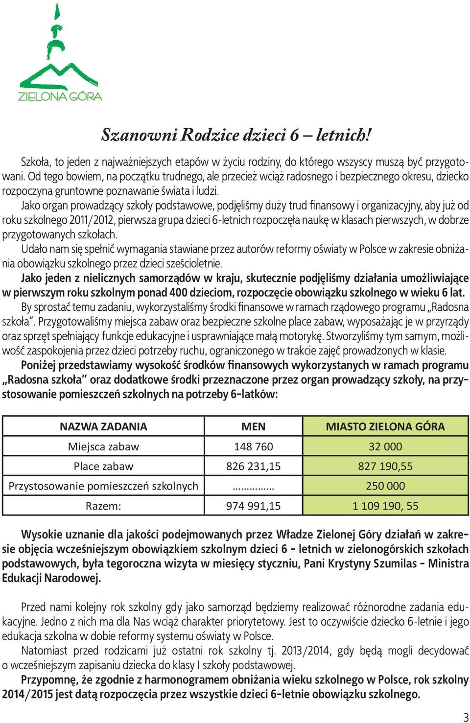 Jako organ prowadzący szkoły podstawowe, podjęliśmy duży trud finansowy i organizacyjny, aby już od roku szkolnego 2011/2012, pierwsza grupa dzieci 6-letnich rozpoczęła naukę w klasach pierwszych, w