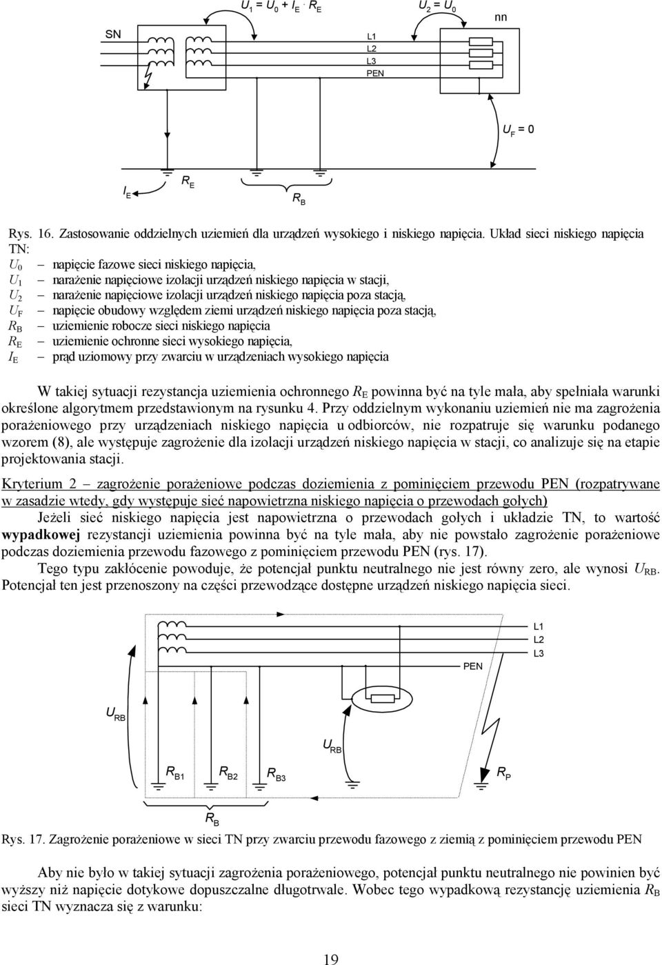 niskiego napięcia poza stacją, U F napięcie obudowy względem ziemi urządzeń niskiego napięcia poza stacją, R B uziemienie robocze sieci niskiego napięcia R E uziemienie ochronne sieci wysokiego