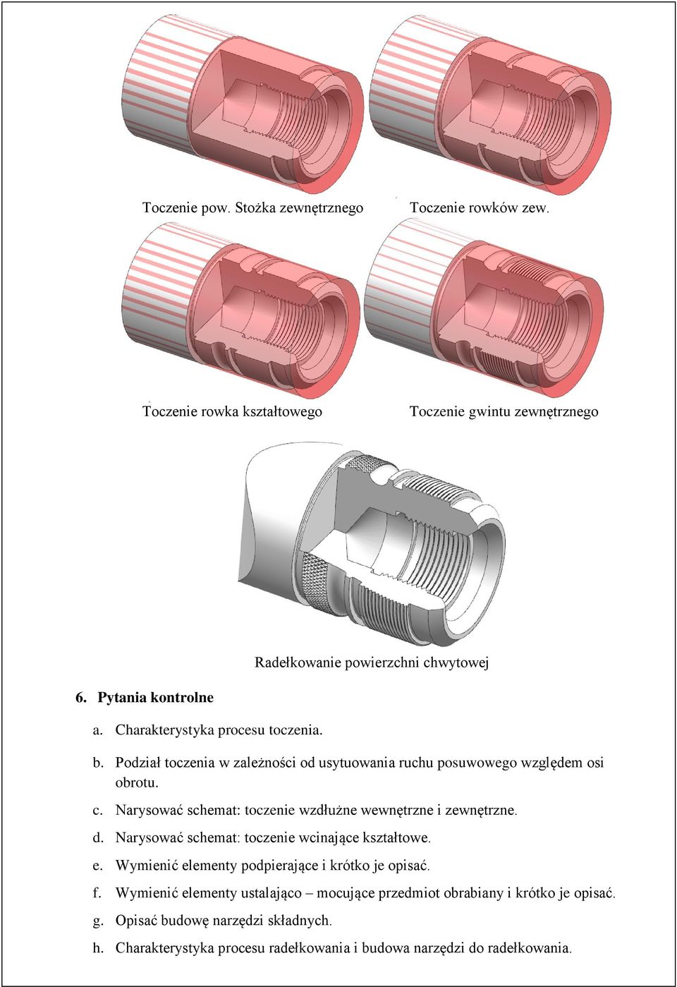 Narysować schemat: toczenie wzdłużne wewnętrzne i zewnętrzne. d. Narysować schemat: toczenie wcinające kształtowe. e.