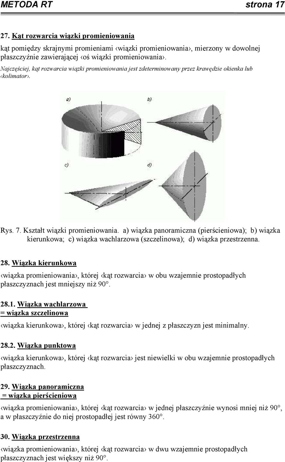 a) wiązka panoramiczna (pierścieniowa); b) wiązka kierunkowa; c) wiązka wachlarzowa (szczelinowa); d) wiązka przestrzenna. 28.