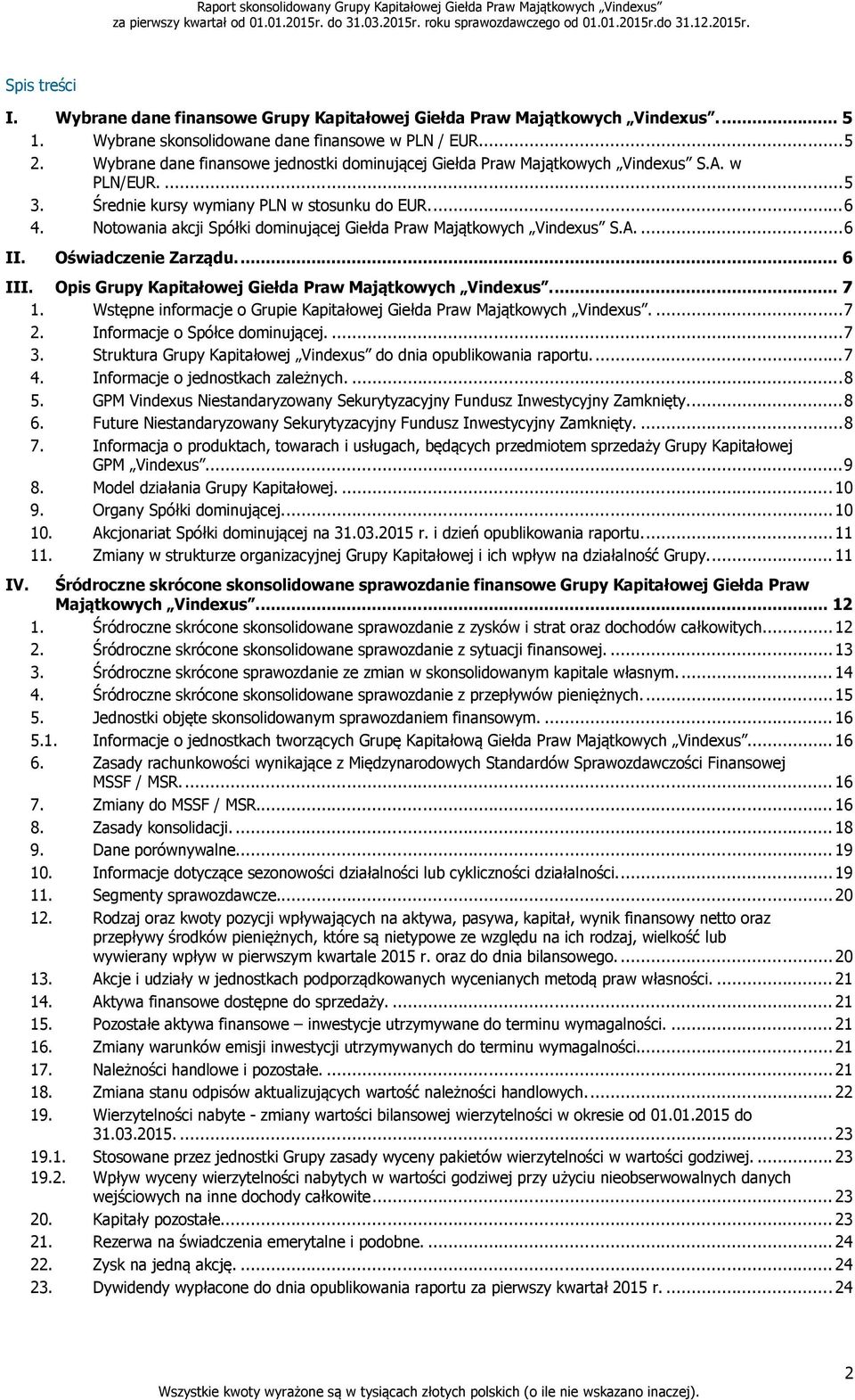 Notowania akcji Spółki dominującej Giełda Praw Majątkowych Vindexus S.A.... 6 II. Oświadczenie Zarządu.... 6 III. Opis Grupy Kapitałowej Giełda Praw Majątkowych Vindexus.... 7 1.