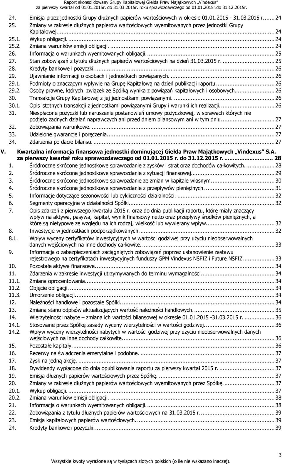 Informacja o warunkach wyemitowanych obligacji.... 25 27. Stan zobowiązań z tytułu dłużnych papierów wartościowych na dzień 31.03.2015 r.... 25 28. Kredyty bankowe i pożyczki.... 26 29.