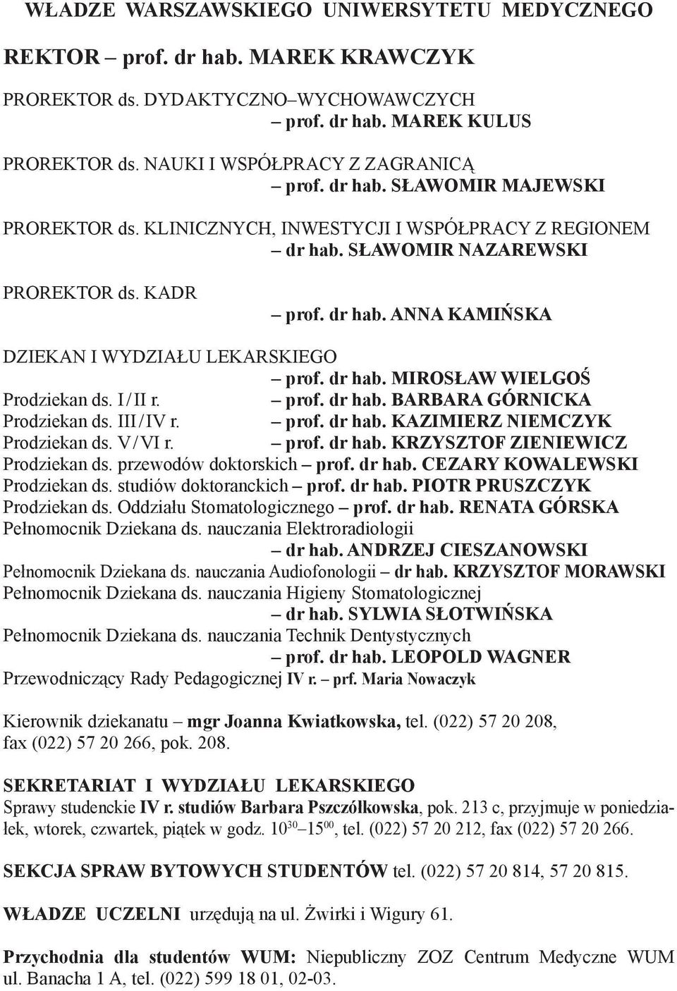 dr hab. MIROSŁAW WIELGOŚ Prodziekan ds. I / II r. prof. dr hab. BARBARA GÓRNICKA Prodziekan ds. III / IV r. prof. dr hab. KAZIMIERZ NIEMCZYK Prodziekan ds. V / VI r. prof. dr hab. KRZYSZTOF ZIENIEWICZ Prodziekan ds.