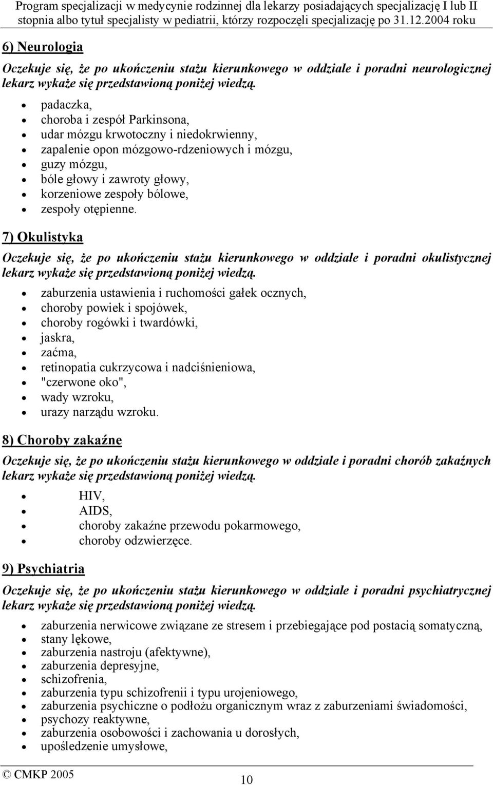 otępienne. 7) Okulistyka Oczekuje się, że po ukończeniu stażu kierunkowego w oddziale i poradni okulistycznej lekarz wykaże się przedstawioną poniżej wiedzą.