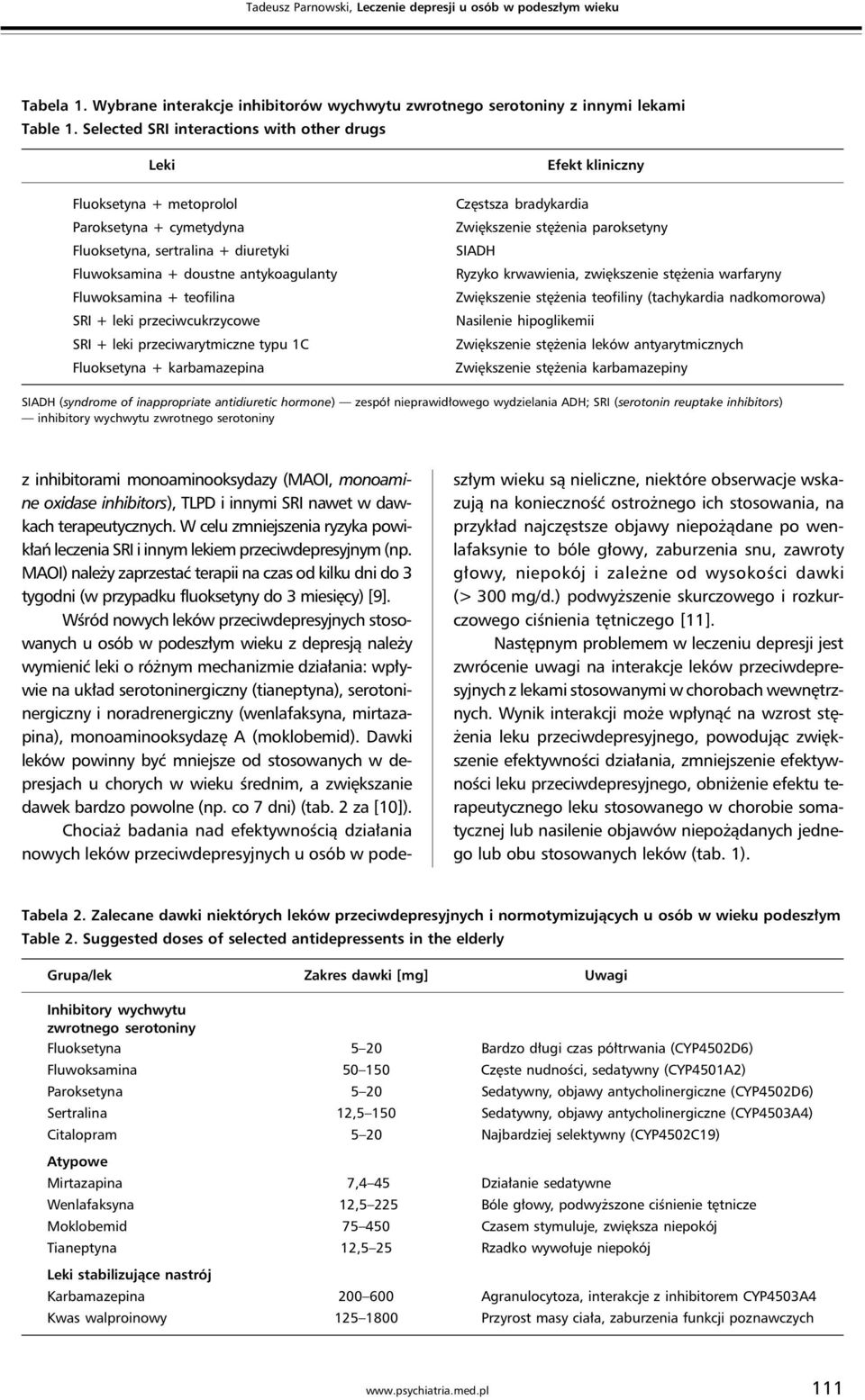 Fluwoksamina + teofilina SRI + leki przeciwcukrzycowe SRI + leki przeciwarytmiczne typu 1C Fluoksetyna + karbamazepina Częstsza bradykardia Zwiększenie stężenia paroksetyny SIADH Ryzyko krwawienia,