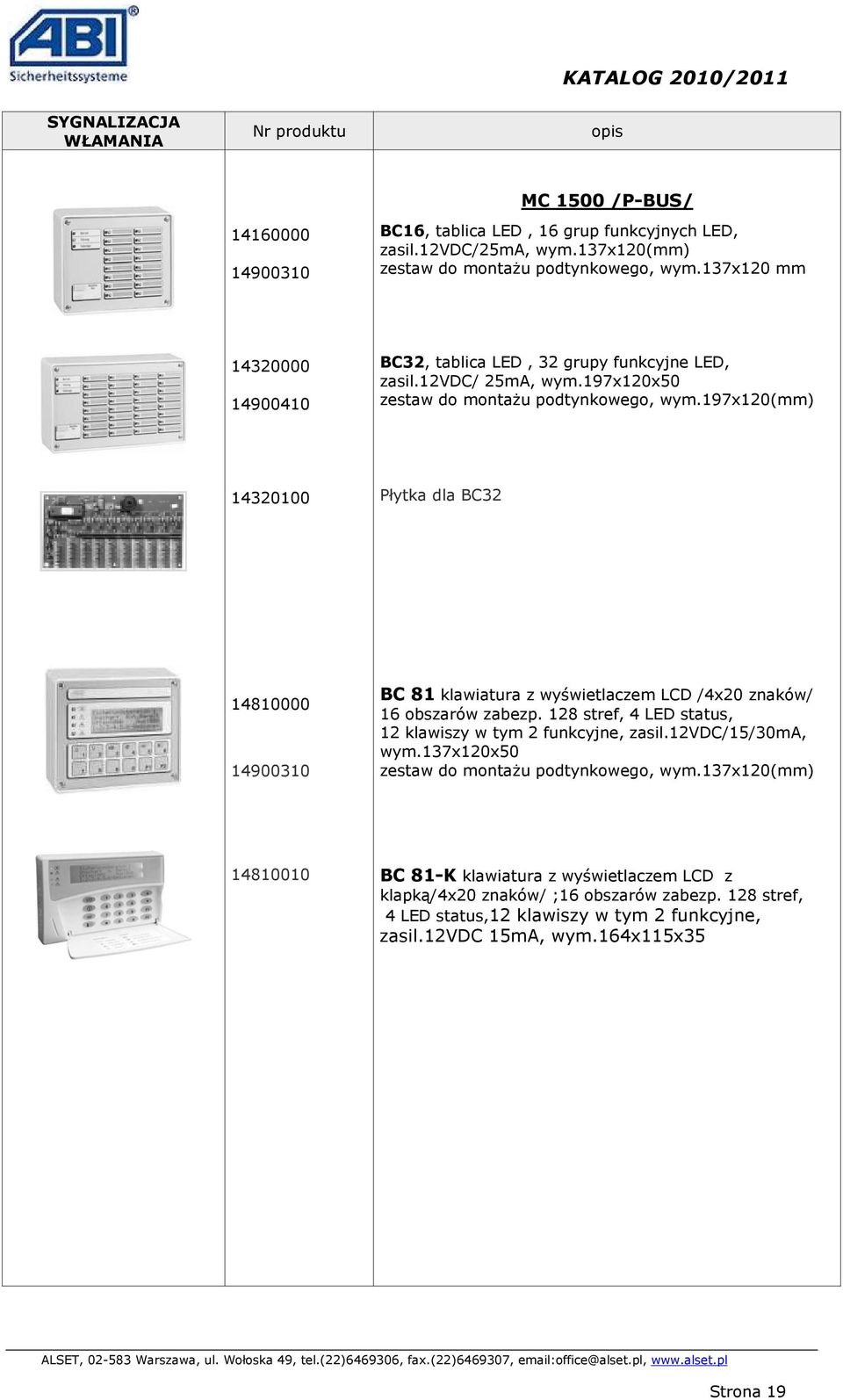 197x120(mm) 14320100 Płytka dla BC32 14810000 14900310 BC 81 klawiatura z wyświetlaczem LCD /4x20 znaków/ 16 obszarów zabezp.