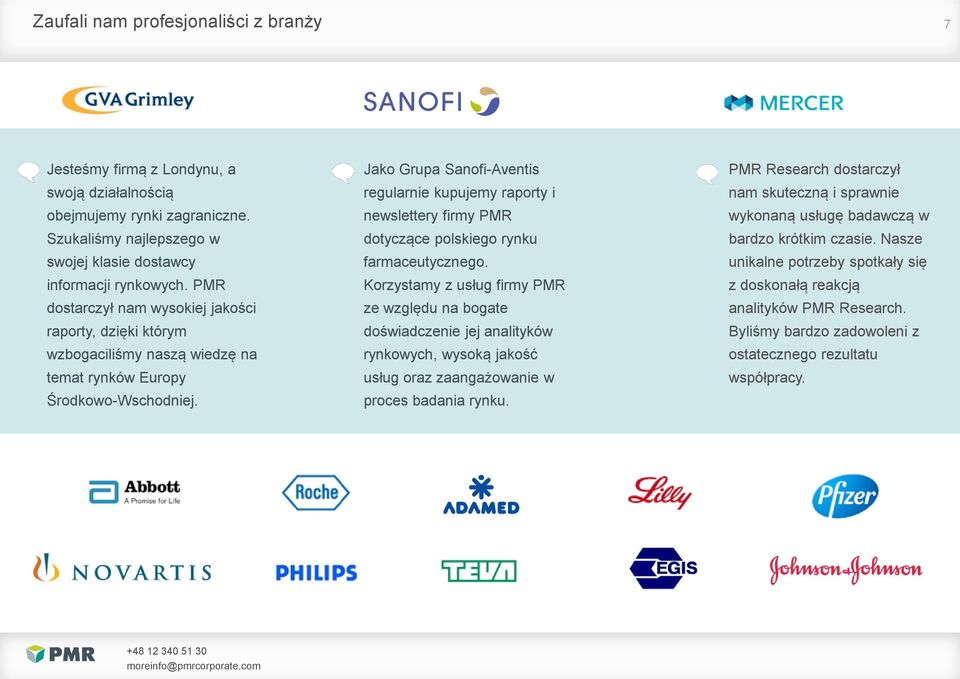 Jako Grupa Sanofi-Aventis regularnie kupujemy raporty i newslettery firmy PMR dotyczące polskiego rynku farmaceutycznego.