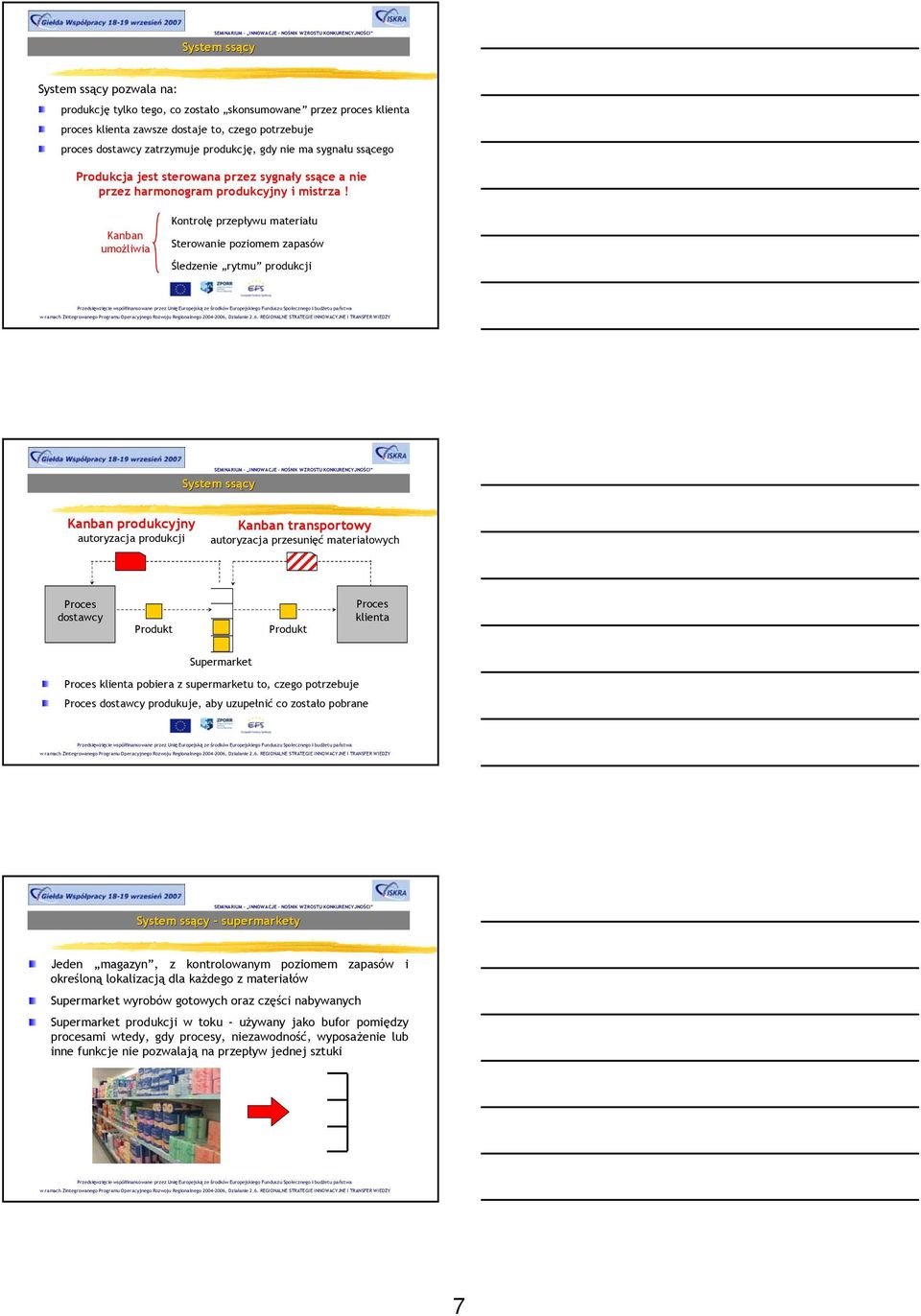 Kanban umożliwia Kontrolę przepływu materiału Sterowanie poziomem zapasów Śledzenie rytmu produkcji System ssący Kanban produkcyjny autoryzacja produkcji Kanban transportowy autoryzacja przesunięć