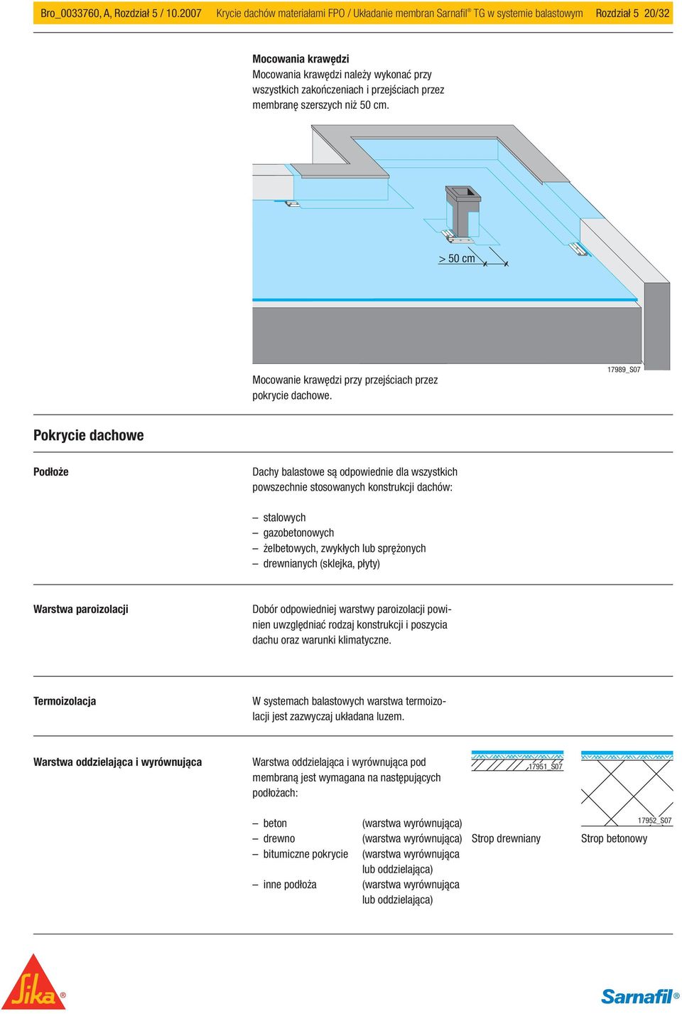 przejściach przez membranę szerszych niż 50 cm. > 50 cm Mocowanie krawędzi przy przejściach przez pokrycie dachowe.