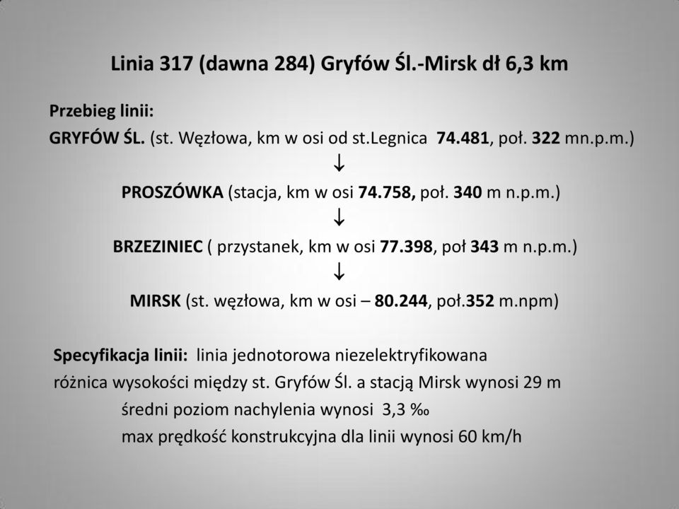 węzłowa, km w osi 80.244, poł.352 m.npm) Specyfikacja linii: linia jednotorowa niezelektryfikowana różnica wysokości między st.