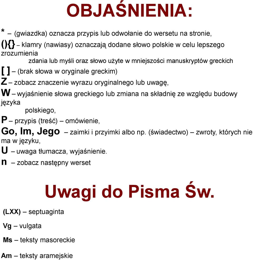 słowa greckiego lub zmiana na składnię ze względu budowy języka polskiego, P przypis (treść) omówienie, Go, Im, Jego zaimki i przyimki albo np.