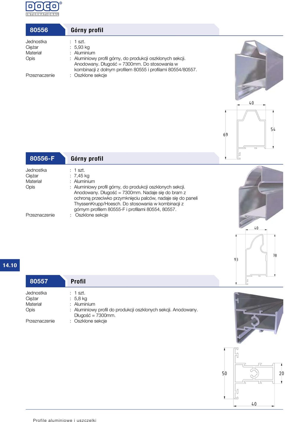 80556-F Górny profil : 7,45 kg : Aluminiowy profil górny, do produkcji oszklonych sekcji. Anodowany. Długość = 7300mm.