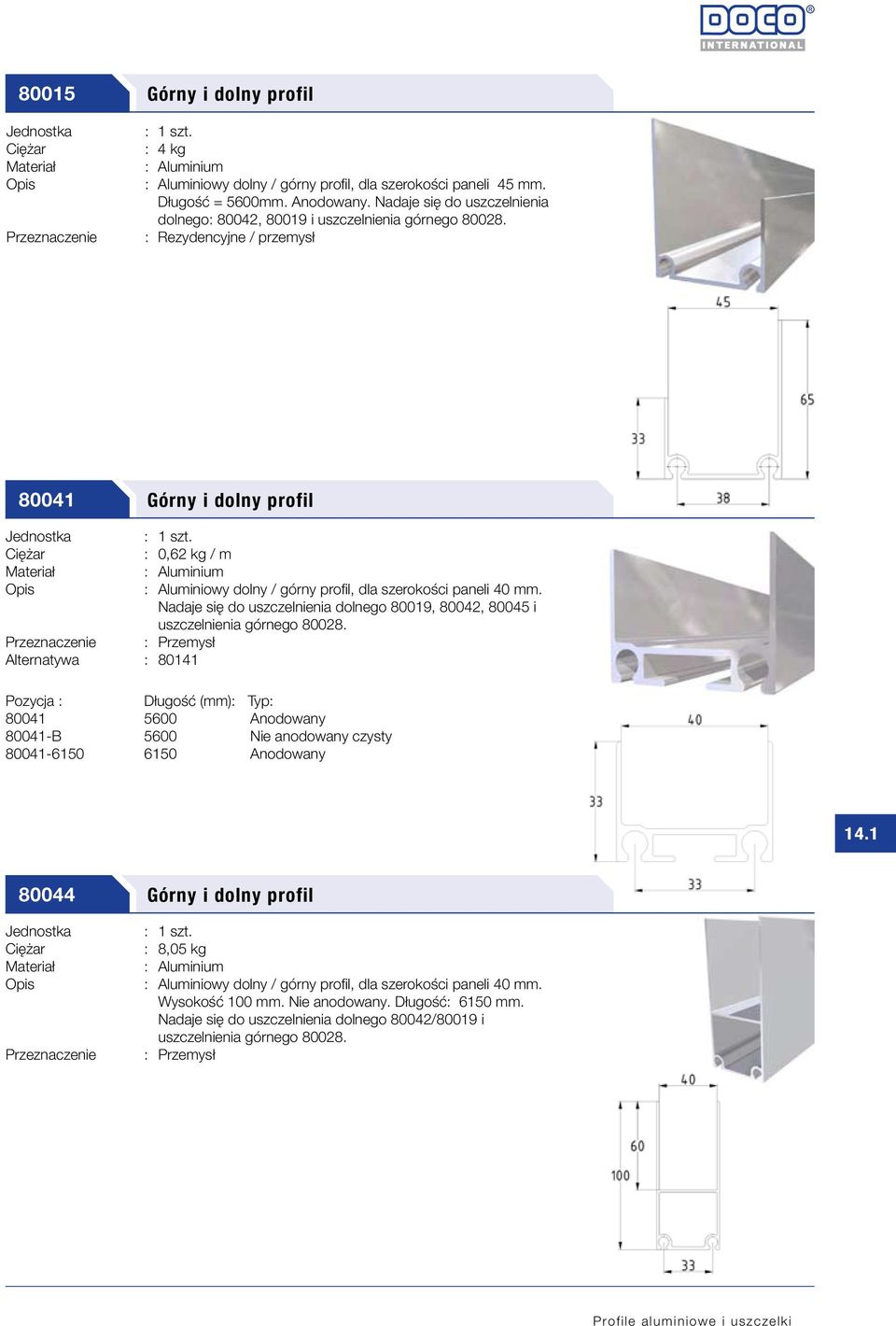 : Rezydencyjne / przemysł 80041 Górny i dolny profil : 0,62 kg / m : Aluminiowy dolny / górny profil, dla szerokości paneli 40 mm.