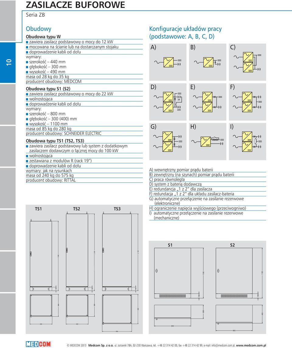 szerokość 800 mm głębokość 300 (400) mm wysokość 1100 mm masa od 85 kg do 280 kg producent obudowy: SCHNEIDER ELECTRIC Obudowa typu TS1 (TS2, TS3) zawiera zasilacz podstawowy lub system z dodatkowym