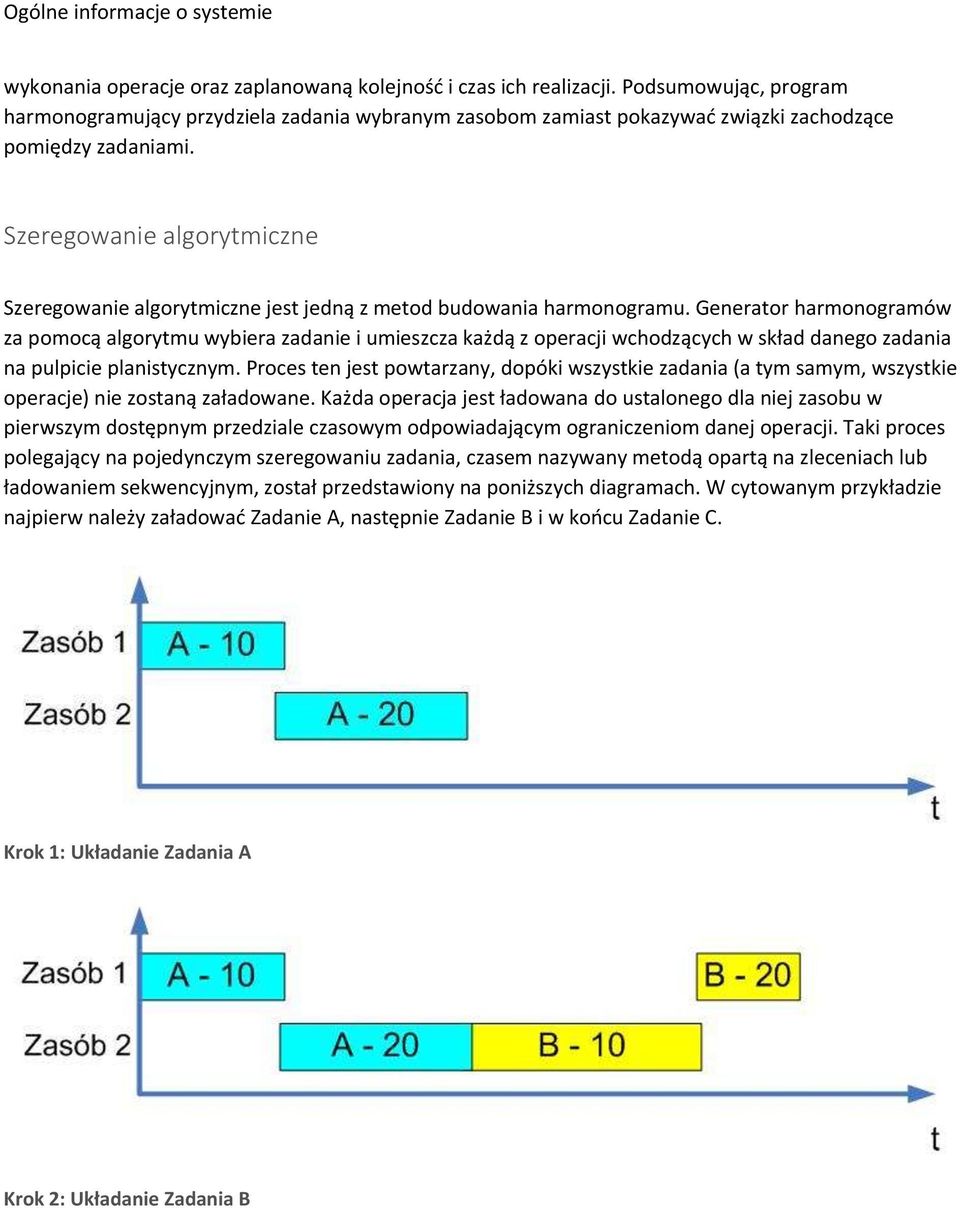 Generator harmonogramów za pomocą algorytmu wybiera zadanie i umieszcza każdą z operacji wchodzących w skład danego zadania na pulpicie planistycznym.