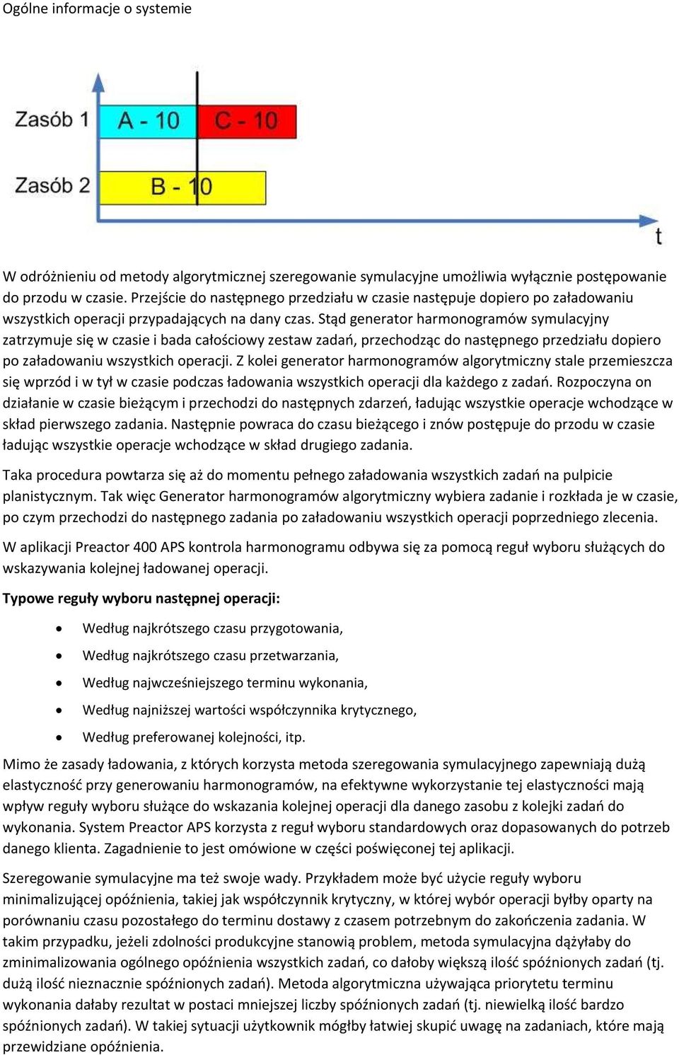 Stąd generator harmonogramów symulacyjny zatrzymuje się w czasie i bada całościowy zestaw zadań, przechodząc do następnego przedziału dopiero po załadowaniu wszystkich operacji.