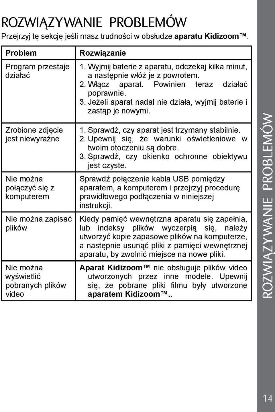 Wyjmij baterie z aparatu, odczekaj kilka minut, a następnie włóż je z powrotem. 2. Włącz aparat. Powinien teraz działać poprawnie. 3. Jeżeli aparat nadal nie działa, wyjmij baterie i zastąp je nowymi.