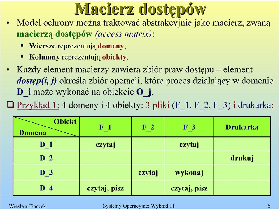 Każdy element macierzy zawiera zbiór praw dostępu element dostęp(i, j) określa zbiór operacji, które proces działający w domenie D_i może