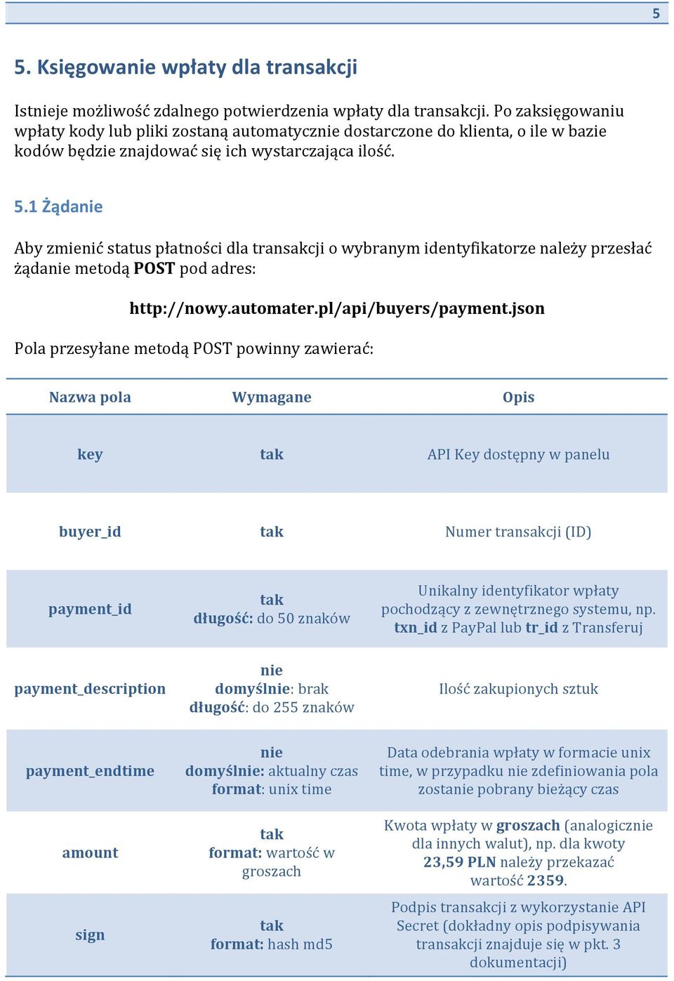 1 Żąda Aby zmienić status płatności dla transakcji o wybranym identyfikatorze należy przesłać żąda metodą POST pod adres: http://nowy.automater.pl/api/buyers/payment.