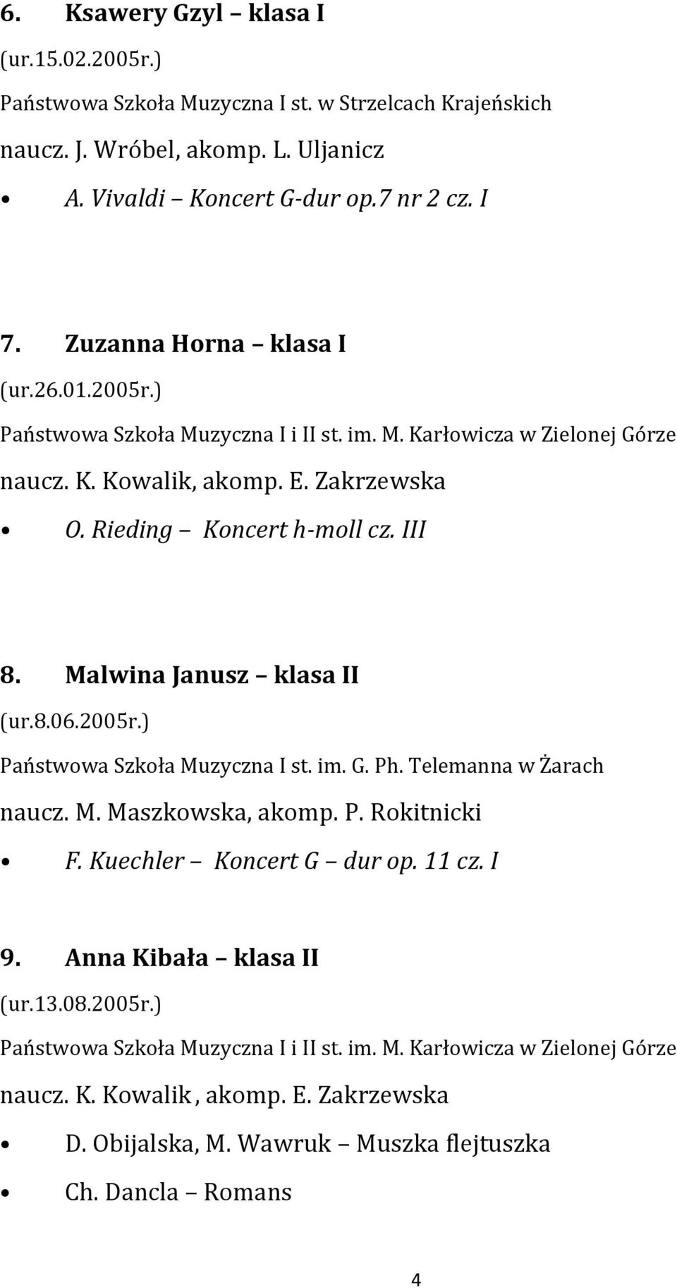 Malwina Janusz klasa II (ur.8.06.2005r.) Państwowa Szkoła Muzyczna I st. im. G. Ph. Telemanna w Żarach naucz. M. Maszkowska, akomp. P. Rokitnicki F.