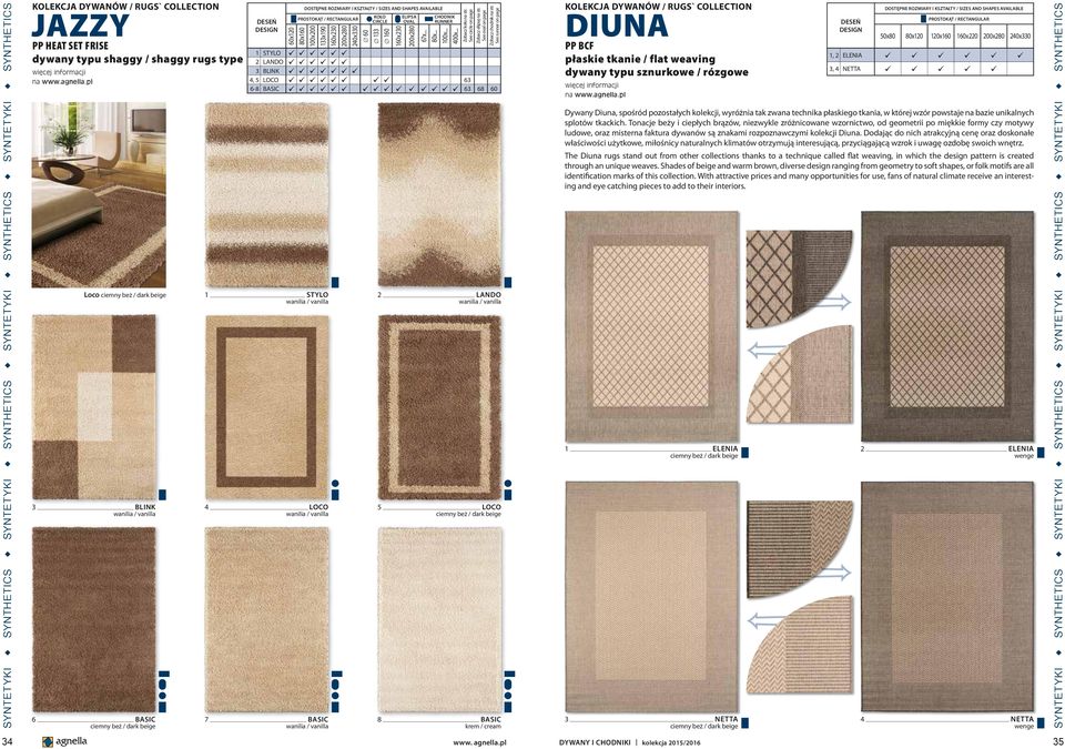 DIUNA PP BCF płaskie tkanie / flat weaving dywany typu sznurkowe / rózgowe 50x80 120x160 160x220 200x280 240x330 1, 2 ELENIA 3, 4 NETTA Dywany Diuna, spośród pozostałych kolekcji, wyróżnia tak zwana