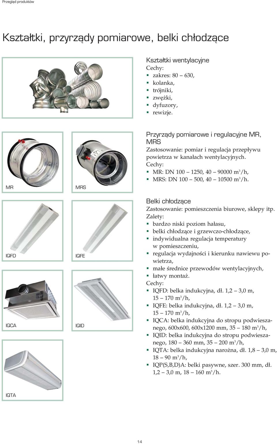 MR: DN 100 1250, 40 90000 m 3 /h, MRS: DN 100 500, 40 10500 m 3 /h. Belki chłodzące Zastosowanie: pomieszczenia biurowe, sklepy itp.