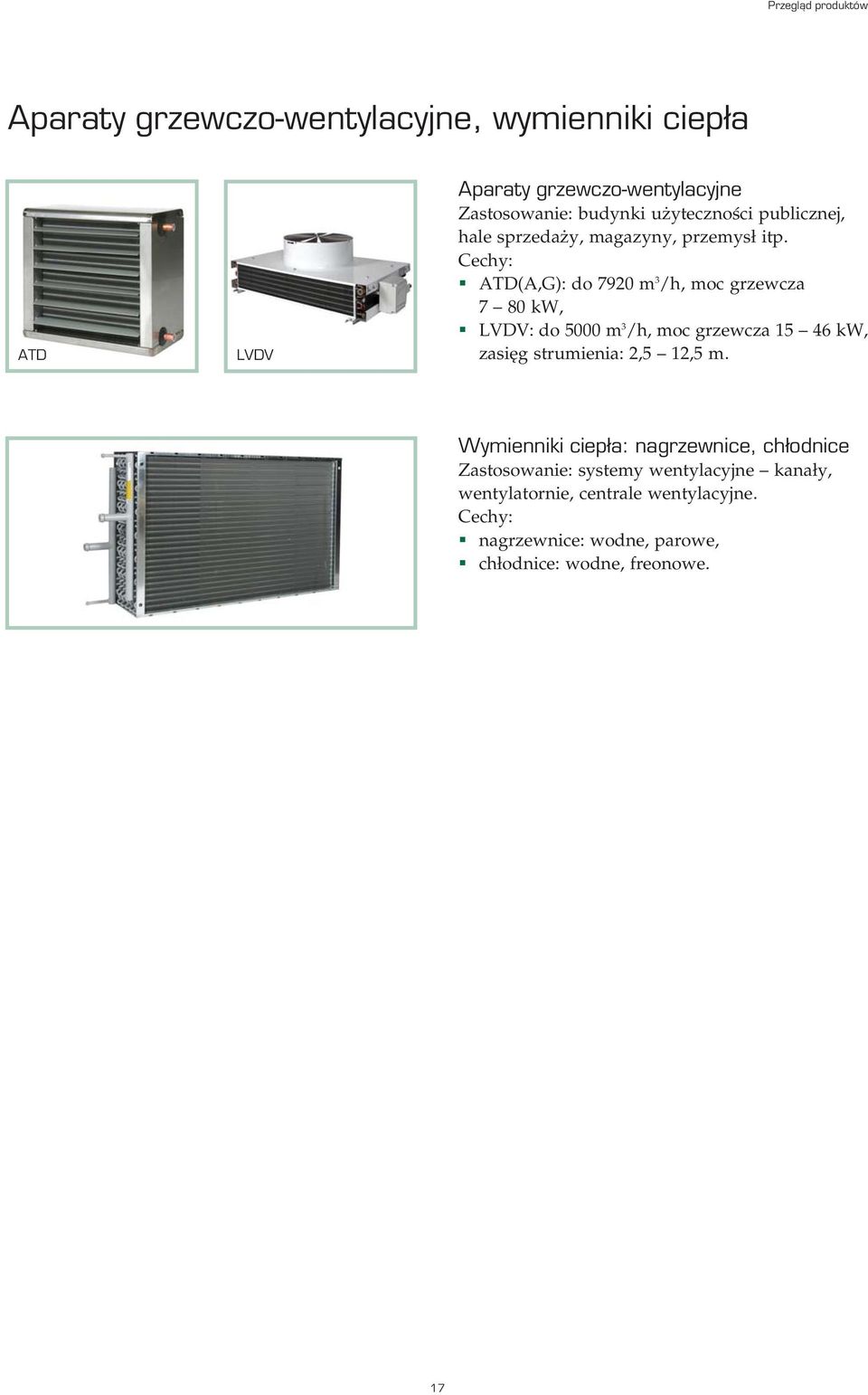 ATD(A,G): do 7920 m 3 /h, moc grzewcza 7 80 kw, LVDV: do 5000 m 3 /h, moc grzewcza 15 46 kw, zasięg strumienia: 2,5