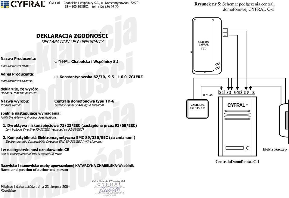 Producenta: anufacturer's Address: CYFRAL Chabelska i Wspólnicy S.J. ul.