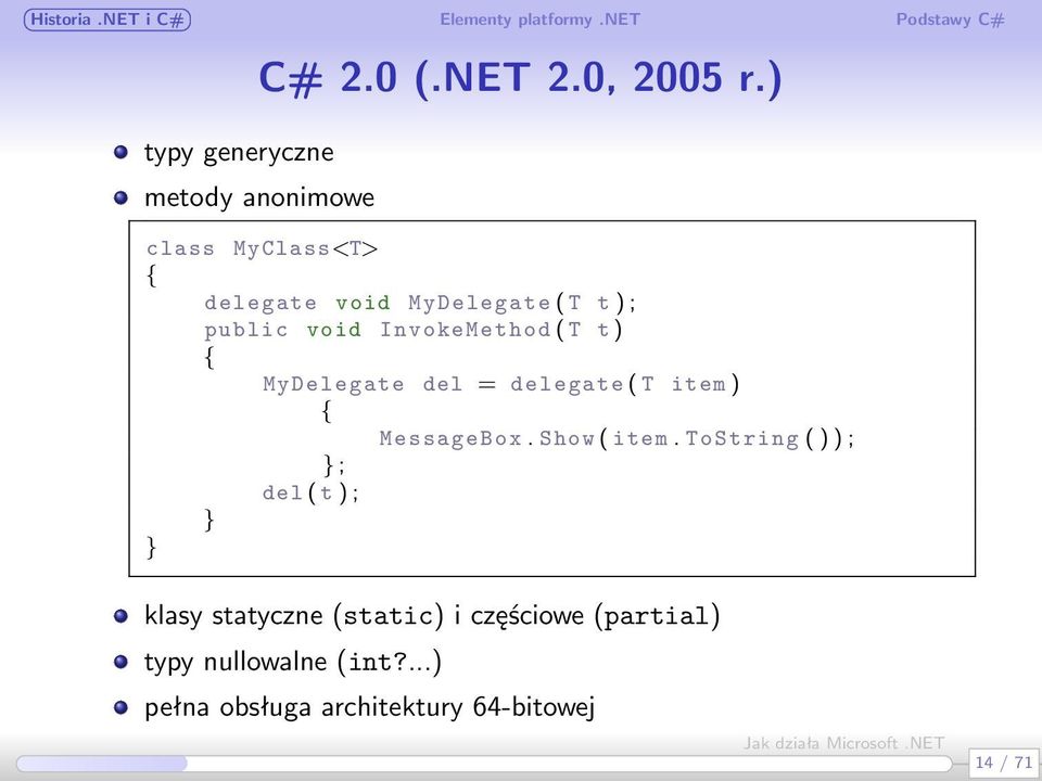 InvokeMethod ( T t ) MyDelegate del = delegate ( T item ) MessageBox. Show ( item.