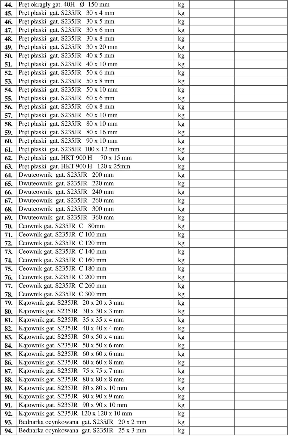 Pręt płaski gat. S235JR 50 x 10 mm 55. Pręt płaski gat. S235JR 60 x 6 mm 56. Pręt płaski gat. S235JR 60 x 8 mm 57. Pręt płaski gat. S235JR 60 x 10 mm 58. Pręt płaski gat. S235JR 80 x 10 mm 59.