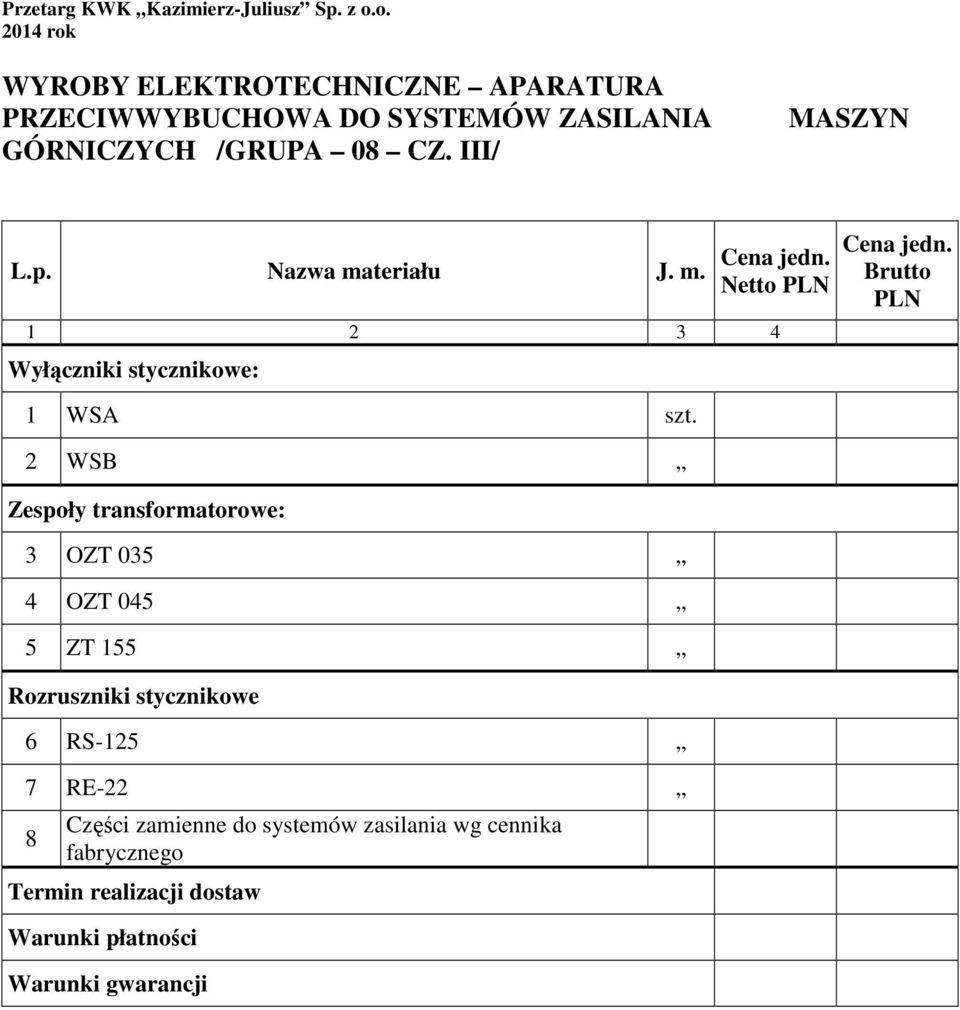 /GRUPA 08 CZ. III/ MASZYN L.p. Nazwa ma