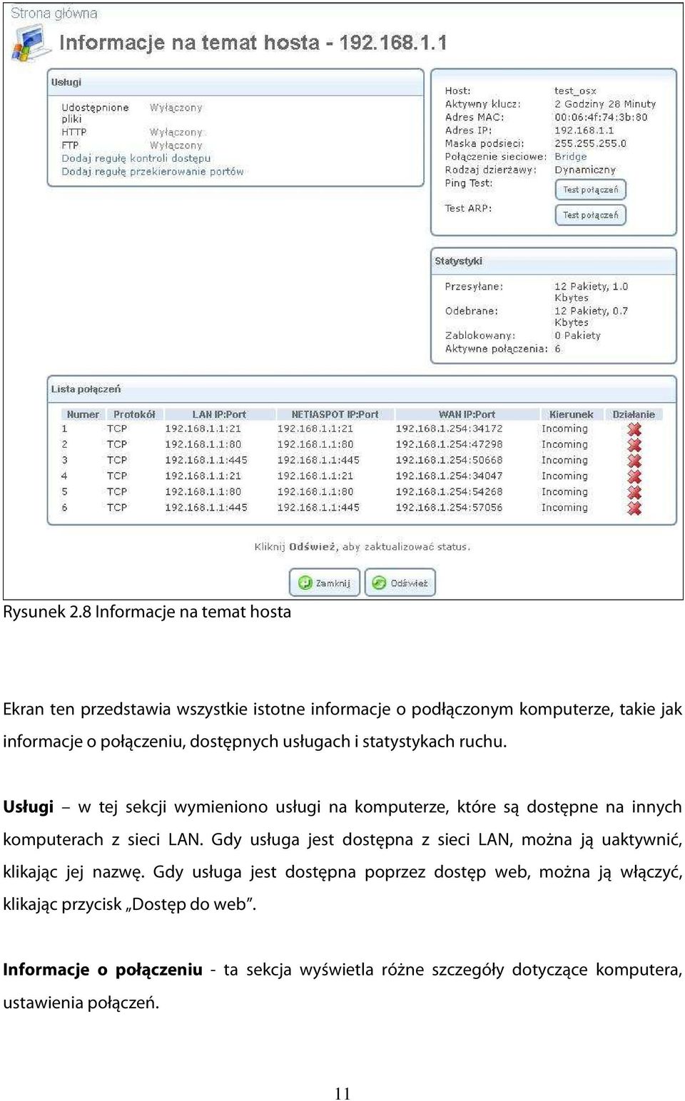 dostępnych usługach i statystykach ruchu.