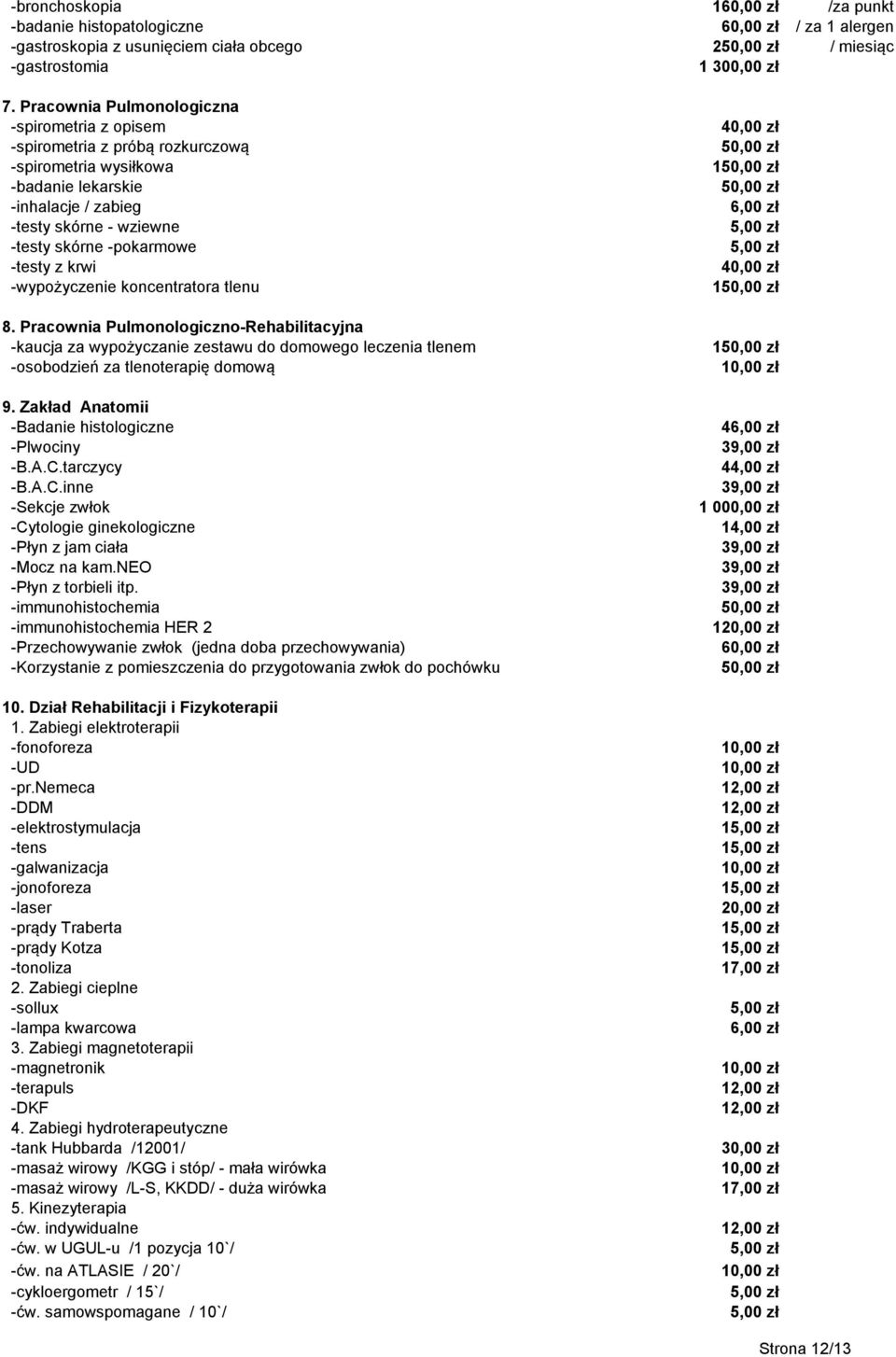 z krwi -wypożyczenie koncentratora tlenu 8. Pracownia Pulmonologiczno-Rehabilitacyjna -kaucja za wypożyczanie zestawu do domowego leczenia tlenem -osobodzień za tlenoterapię domową 9.