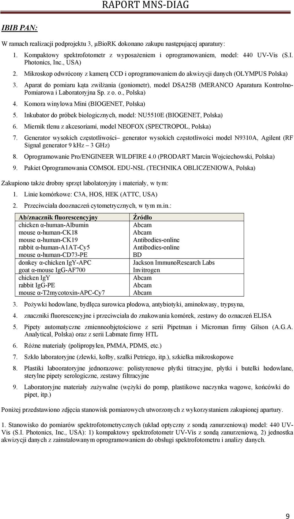 Aparat do pomiaru kąta zwilżania (goniometr), model DSA25B (MERANCO Aparatura Kontrolno- Pomiarowa i Laboratoryjna Sp. z o. o., Polska) 4. Komora winylowa Mini (BIOGENET, Polska) 5.