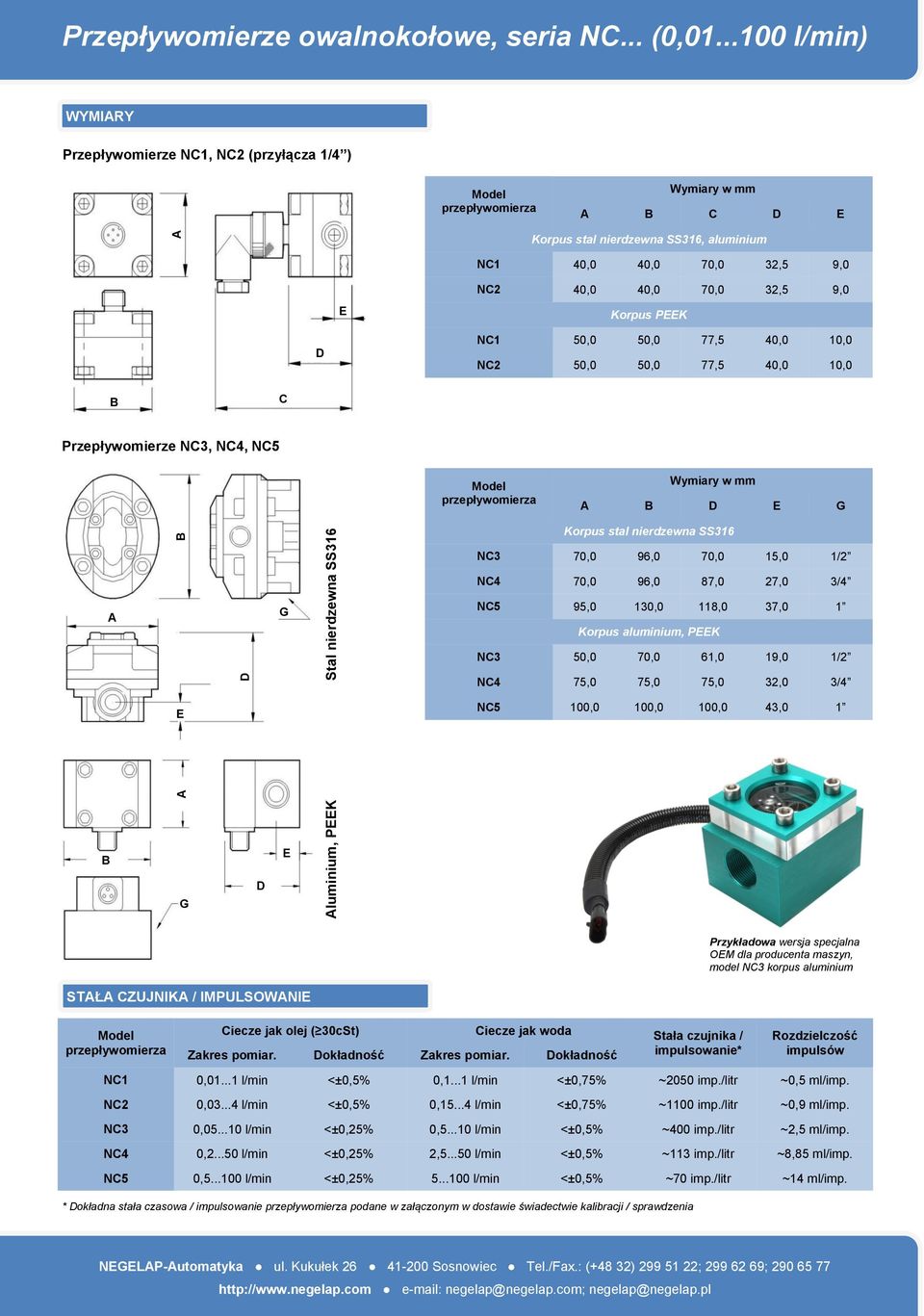 Korpus PK D NC1 50,0 50,0 77,5 40,0 10,0 NC2 50,0 50,0 77,5 40,0 10,0 B C Przepływomierze NC3, NC4, NC5 Model przepływomierza Wymiary w mm B D G Korpus stal nierdzewna SS316 G NC3 70,0 96,0 70,0 15,0