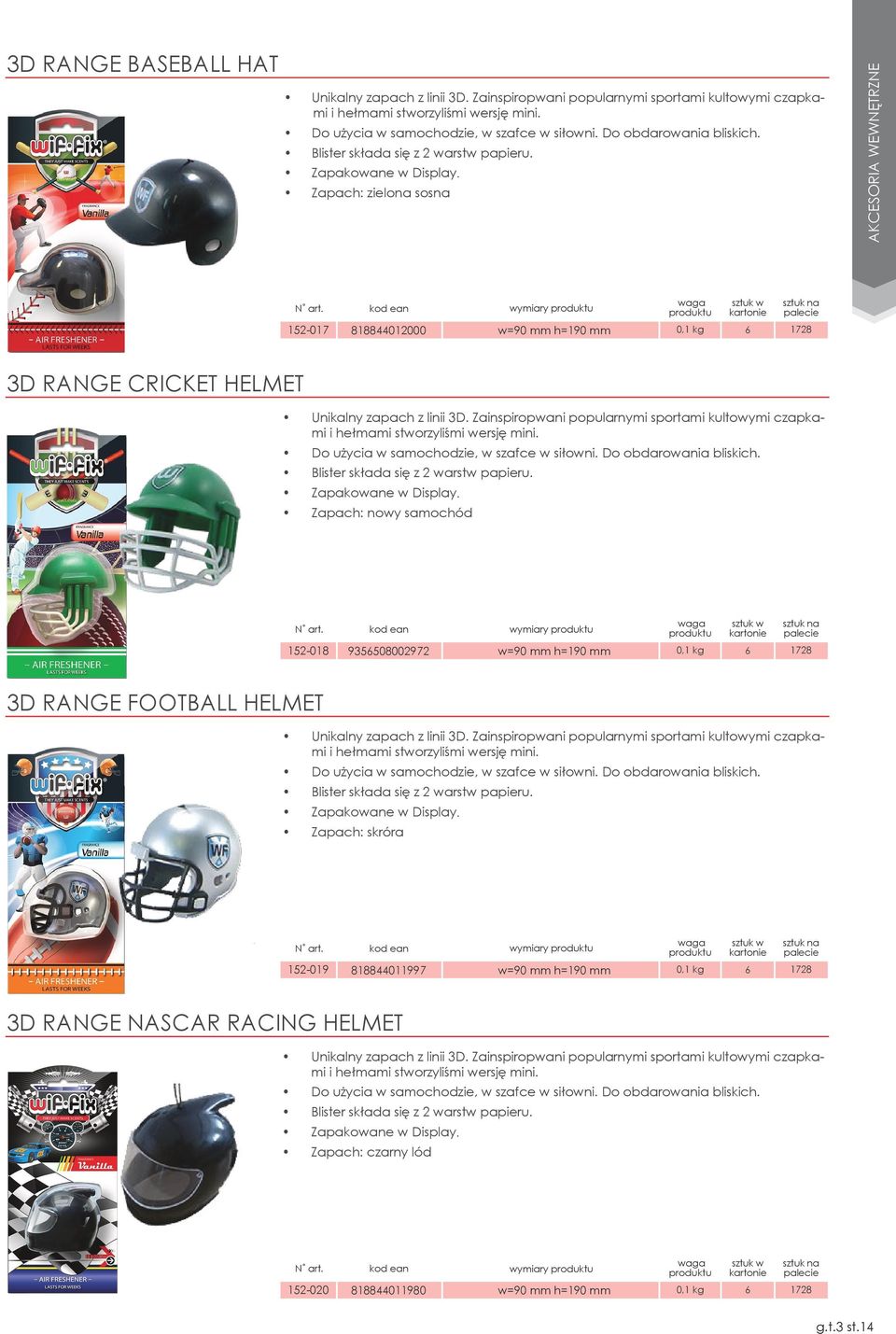 Zapach: zielona sosna 152-017 818844012000 w=90 mm h=190 mm 0,1 kg 6 1728 3d Range Cricket Helmet Unikalny zapach z linii 3D.