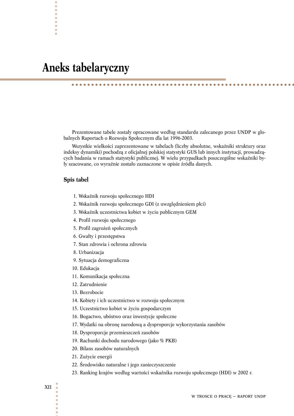 ramach statystyki publicznej. W wielu przypadkach poszczególne wskaźniki były szacowane, co wyraźnie zostało zaznaczone w opisie źródła danych. Spis tabel 1. Wskaźnik rozwoju społecznego HDI 2.