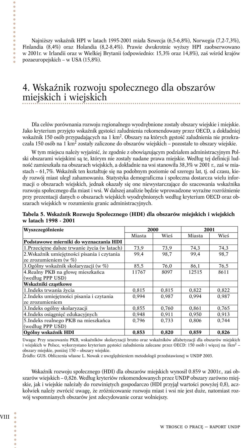 Wskaźnik rozwoju społecznego dla obszarów miejskich i wiejskich Dla celów porównania rozwoju regionalnego wyodrębnione zostały obszary wiejskie i miejskie.