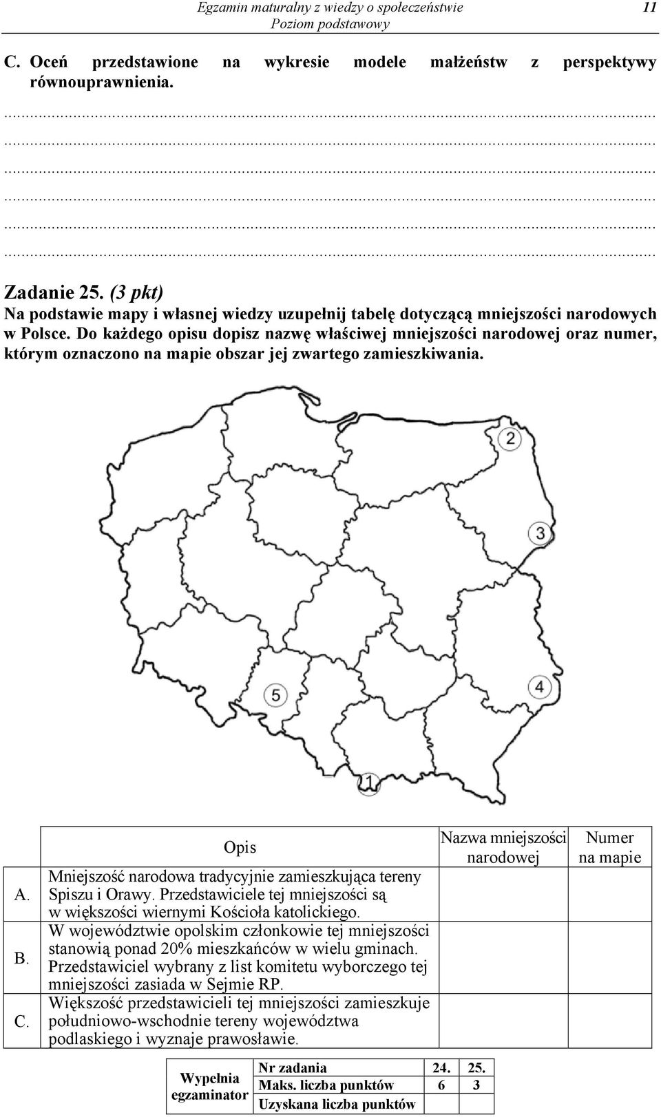 Do każdego opisu dopisz nazwę właściwej mniejszości narodowej oraz numer, którym oznaczono na mapie obszar jej zwartego zamieszkiwania. A. B. C.