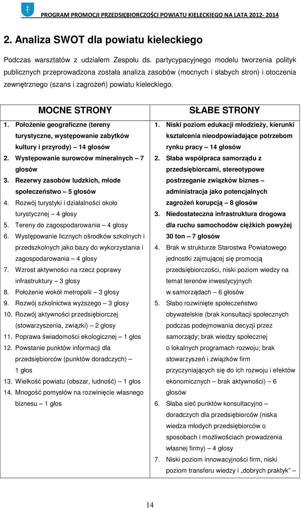 Położenie geograficzne (tereny turystyczne, występowanie zabytków kultury i przyrody) 14 głosów 2. Występowanie surowców mineralnych 7 głosów 3.