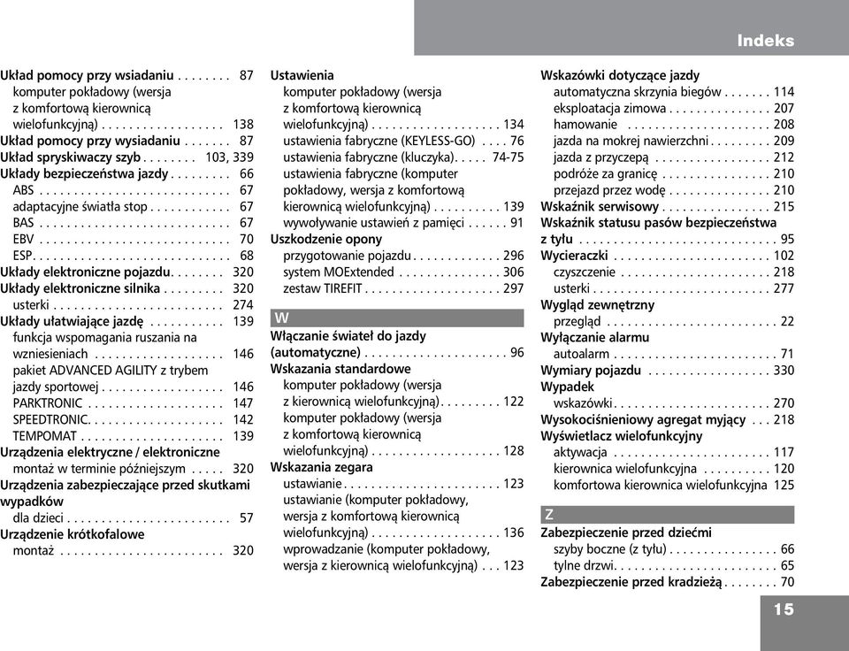............................ 68 Uk³ady elektroniczne pojazdu........ 320 Uk³ady elektroniczne silnika......... 320 usterki......................... 274 Uk³ady u³atwiaj¹ce jazdê.