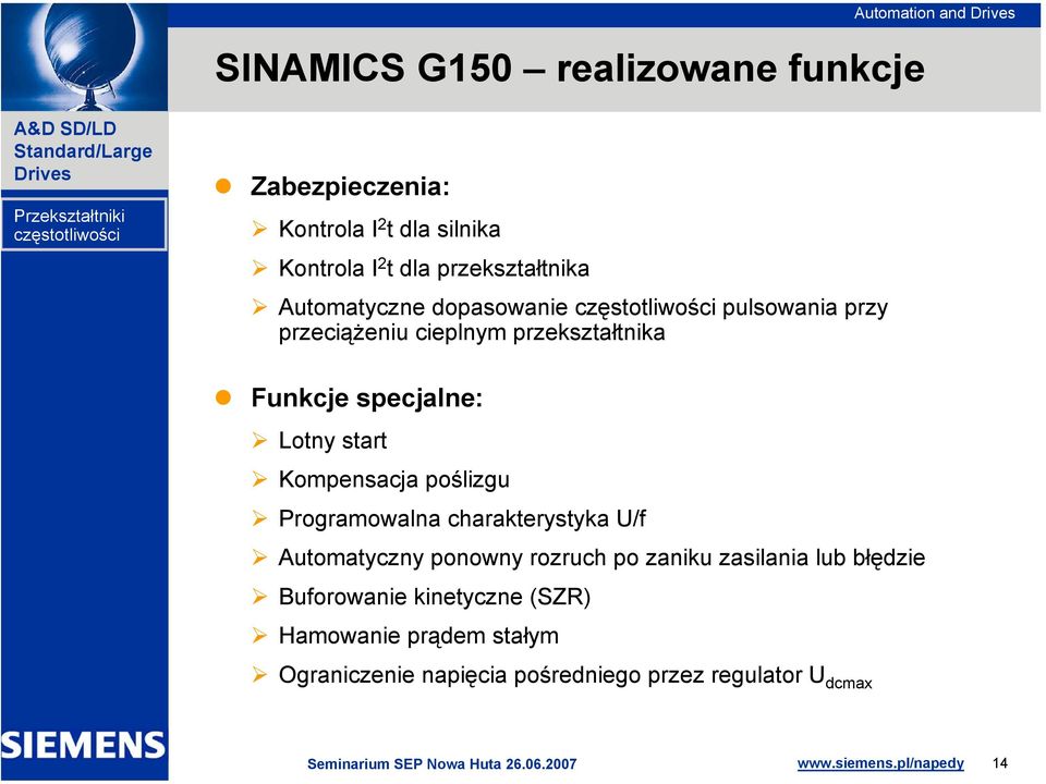 start Kompensacja poślizgu Programowalna charakterystyka U/f Automatyczny ponowny rozruch po zaniku zasilania lub błędzie