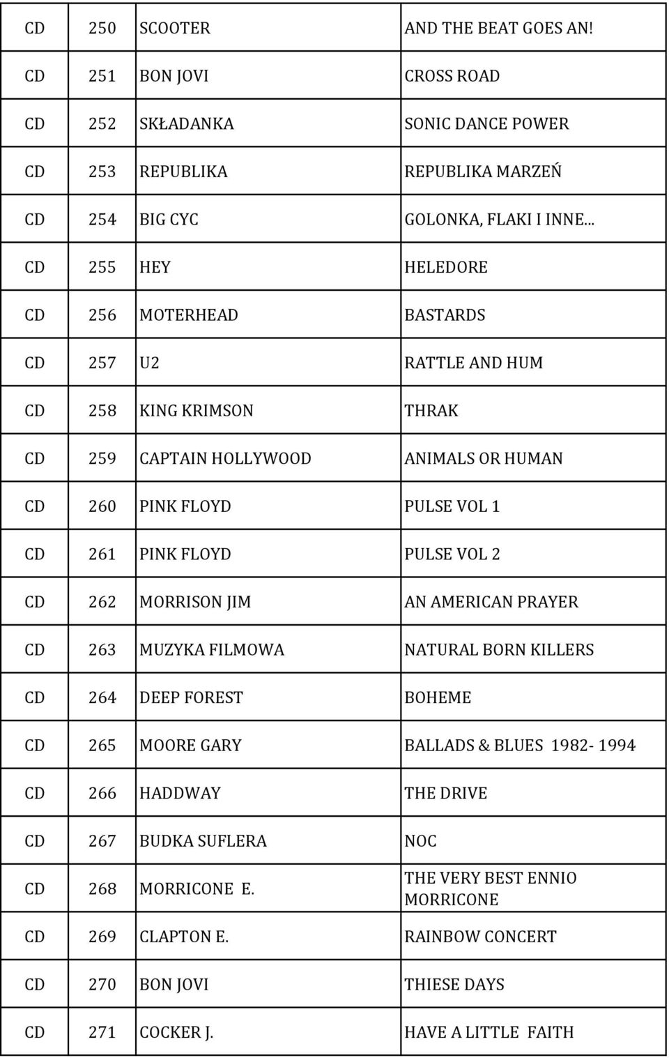 FLOYD PULSE VOL 2 262 MORRISON JIM AN AMERICAN PRAYER 263 MUZYKA FILMOWA NATURAL BORN KILLERS 264 DEEP FOREST BOHEME 265 MOORE GARY BALLADS & BLUES 1982-1994 266