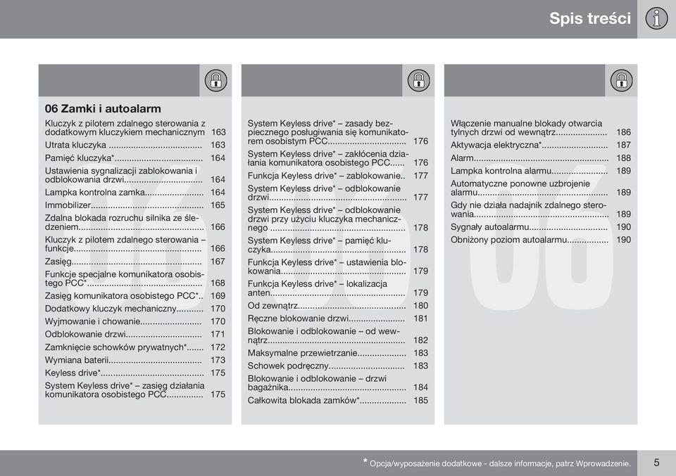 .. 166 Kluczyk z pilotem zdalnego sterowania funkcje... 166 Zasięg... 167 Funkcje specjalne komunikatora osobistego PCC*... 168 Zasięg komunikatora osobistego PCC*.. 169 Dodatkowy kluczyk mechaniczny.